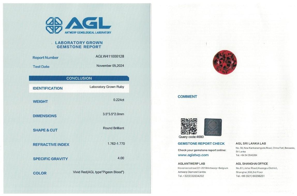 Certificat Agl pour rubis cultivé en laboratoire certificat agl rubis cultivé en laboratoire