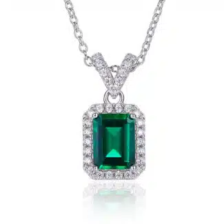 Emerald cut lab grown emerald Halo pendant 01