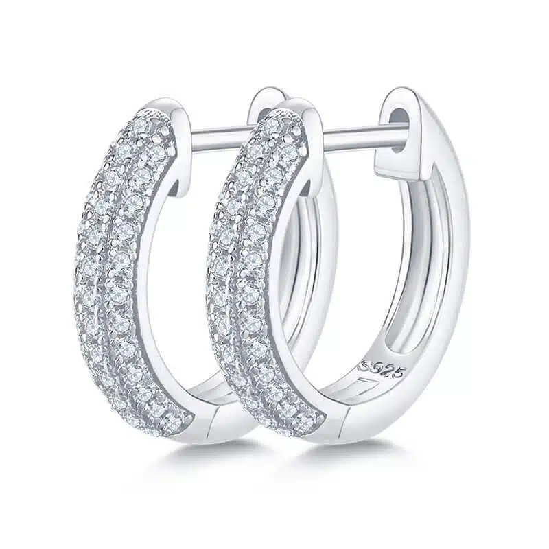 half pave three rows moissanite hoop earrings k007a 01