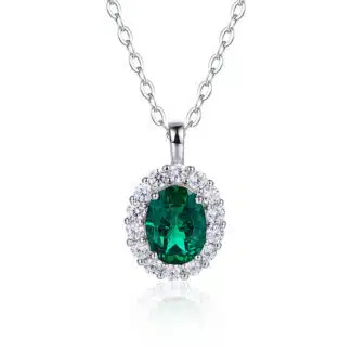 Oval cut lab grown emerald Halo pendant 01
