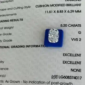 5.20ct G VVS2 cushion cut lab grown diamond 01