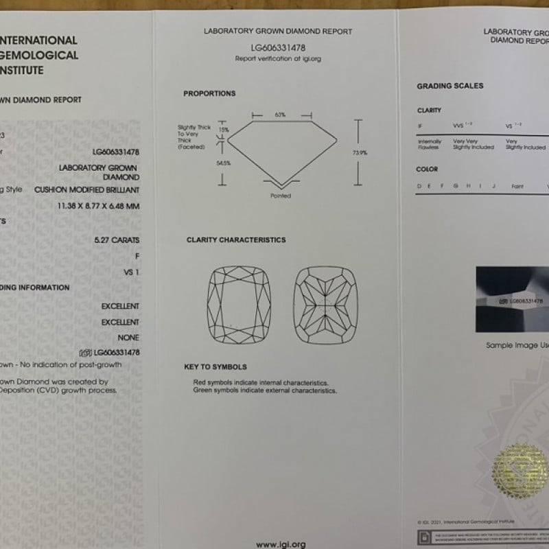 Berlian potong bantal 5,27 ct F VS1 hasil laboratorium 02