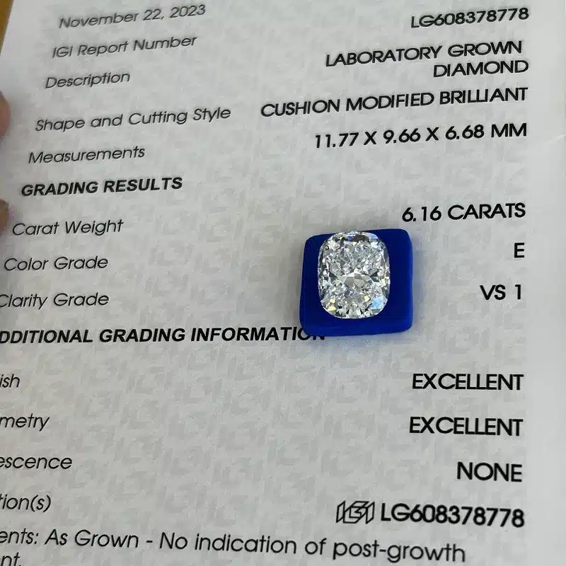 Kim cương nhân tạo cắt đệm 6,16ct e vs1 01