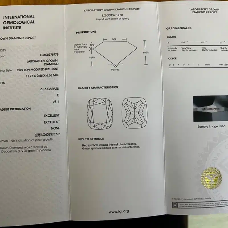 Kim cương nhân tạo cắt đệm 6,16ct e vs1 02
