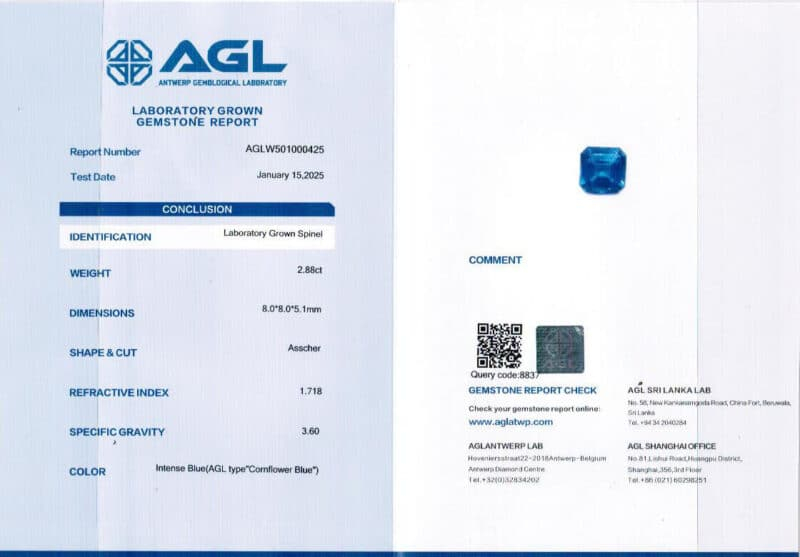 ラボで育成されたコバルトスピネル AGL 証明書