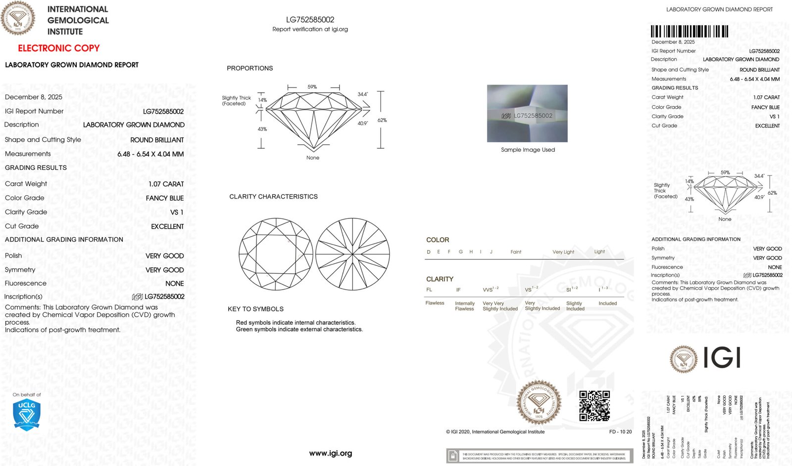 Moeda redonda de 1,07 ct, azul fantasia, VS1, EX VG VG, LG752585002 Moeda redonda de 1,07 ct, azul fantasia, VS1, EX VG VG, LG752585002