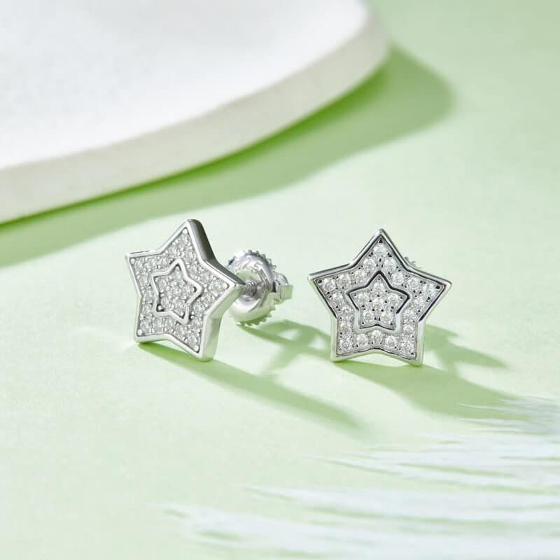 Anting stud ulir hip hop moissanite pria bentuk pentagram sterling j022a 04