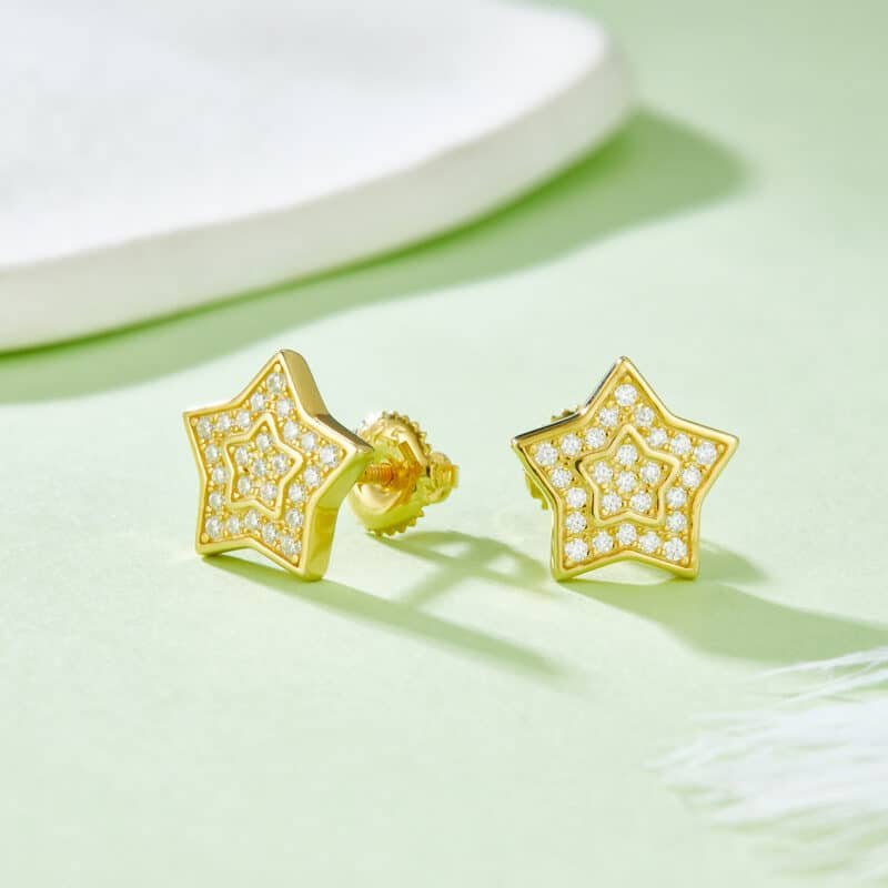 Anting stud ulir hip hop pria moissanite bentuk pentagram sterling j022a 05