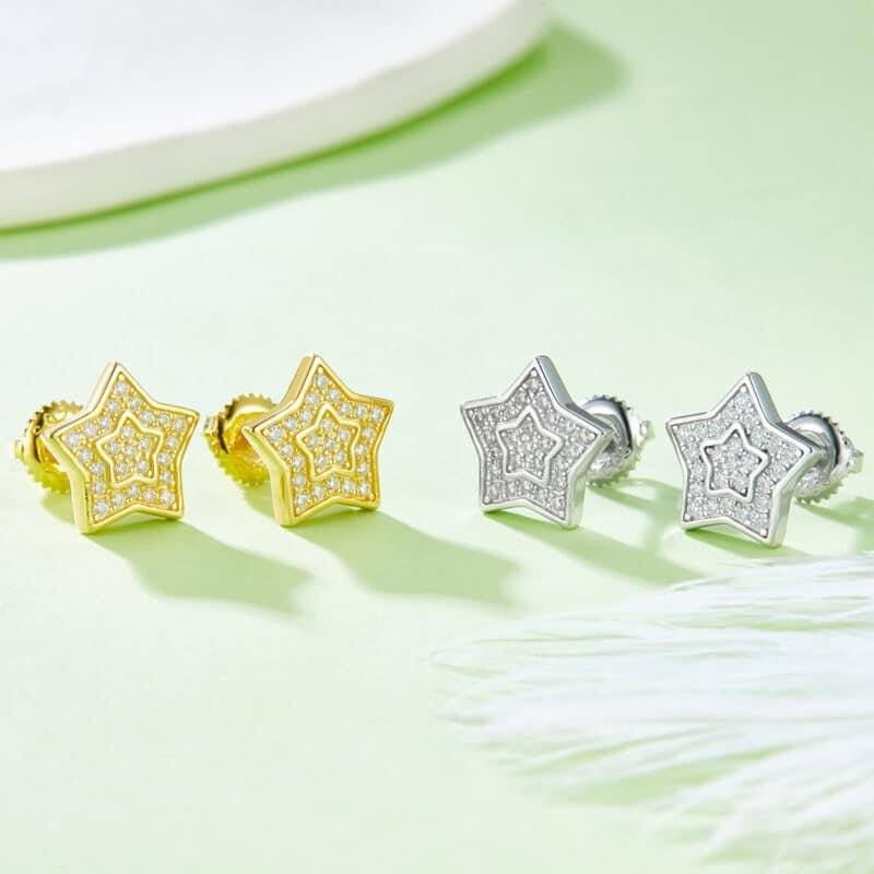 Anting stud ulir hip hop moissanite pria bentuk pentagram sterling j022a 06