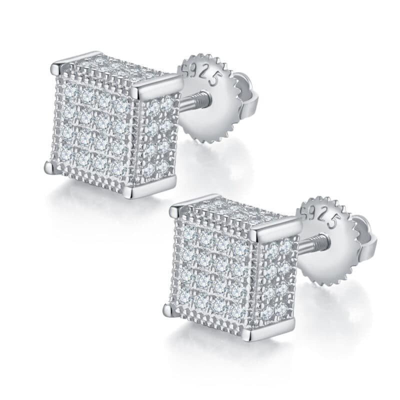 men's moissanite hip hop screw back stud earrings square shape sterling j017a 01
