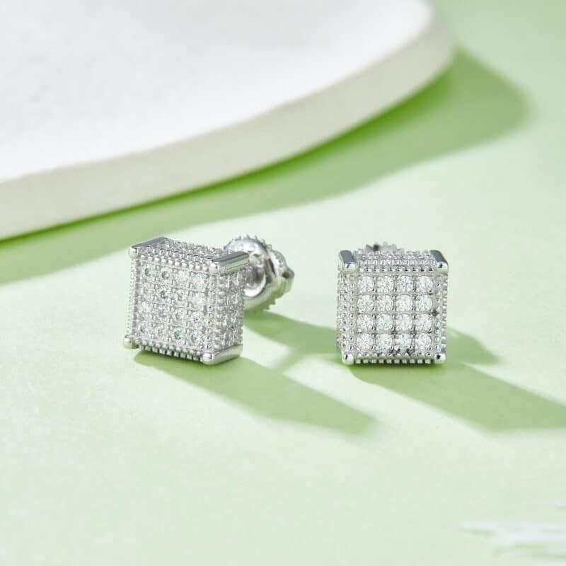 men's moissanite hip hop screw back stud earrings square shape sterling j017a 03