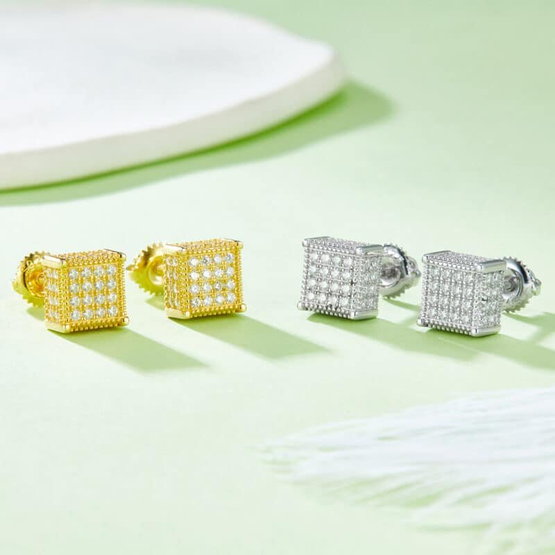 mens moissanite hip hop screw back stud earrings square shape sterling j017a 05