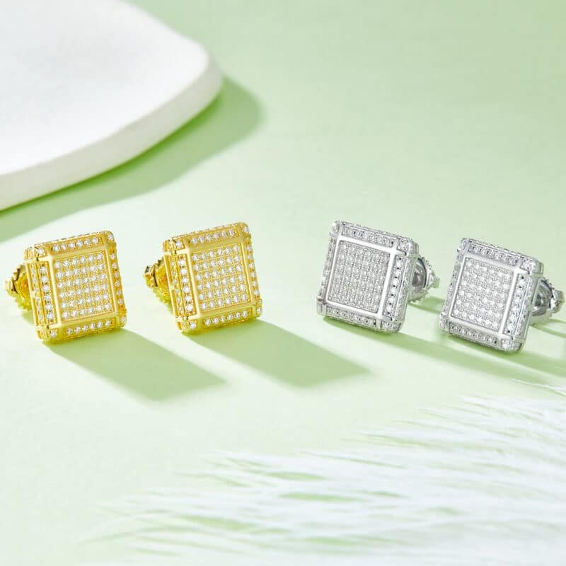 Anting stud ulir hip hop moissanite pria bentuk persegi sterling j018a 05