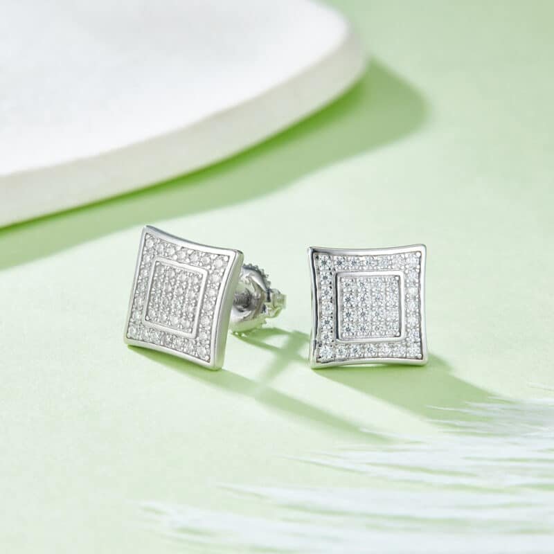 men's moissanite hip hop screw back stud earrings square shape sterling j021a 03