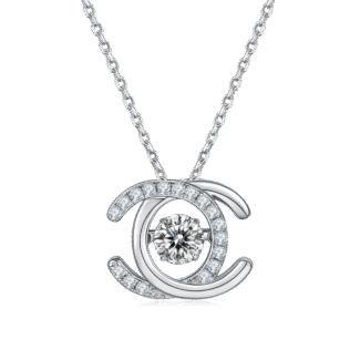 sterling silver double c shape white gold plated dancing moissanite pendant necklace oldp925w-00 01
