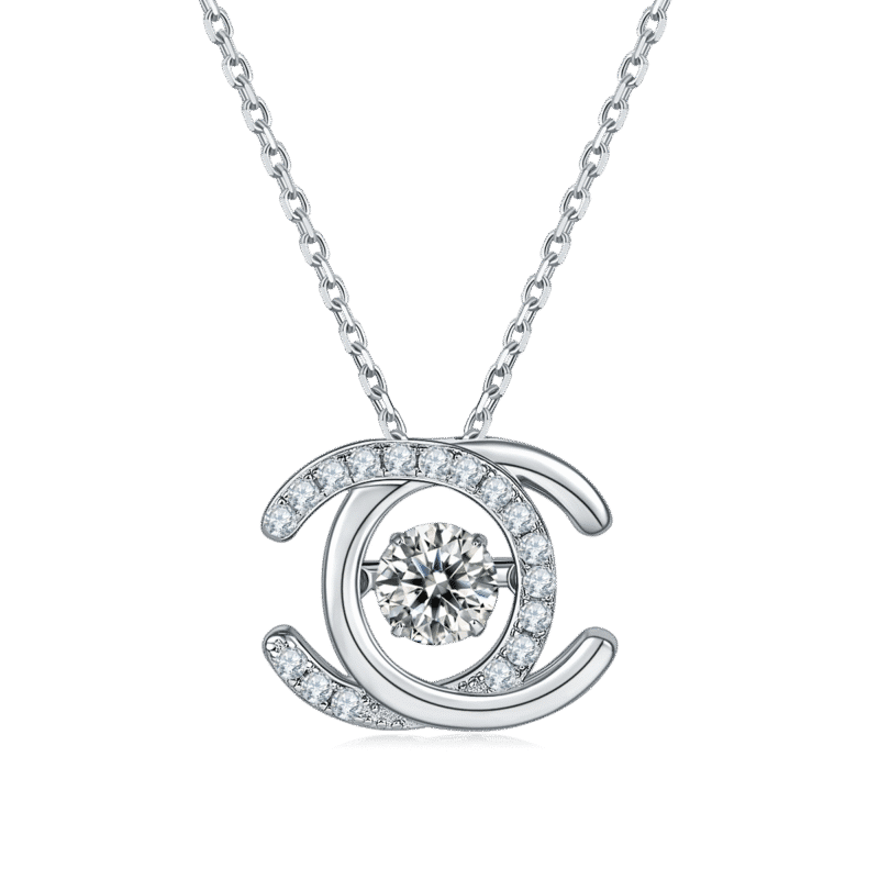 sterling silver double c shape white gold plated dancing moissanite pendant necklace oldp925w-00 01