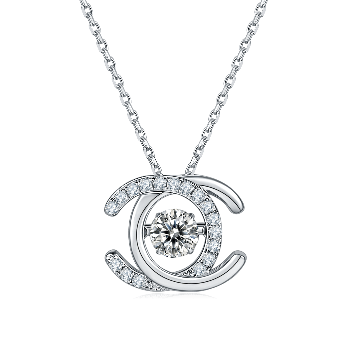 Halskette mit Anhänger aus Sterlingsilber mit doppelter C-Form und Weißgoldbeschichtung und tanzendem Moissanit, oldp925w-00 01