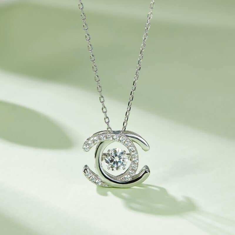 sterling silver double c shape white gold plated dancing moissanite pendant necklace oldp925w-00 04