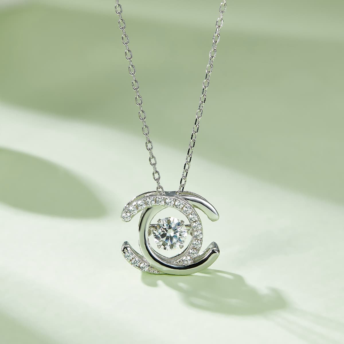 Sterling Silber Doppel C Form weiß vergoldet tanzenden Moissanit Anhänger Halskette oldp925w-00 04