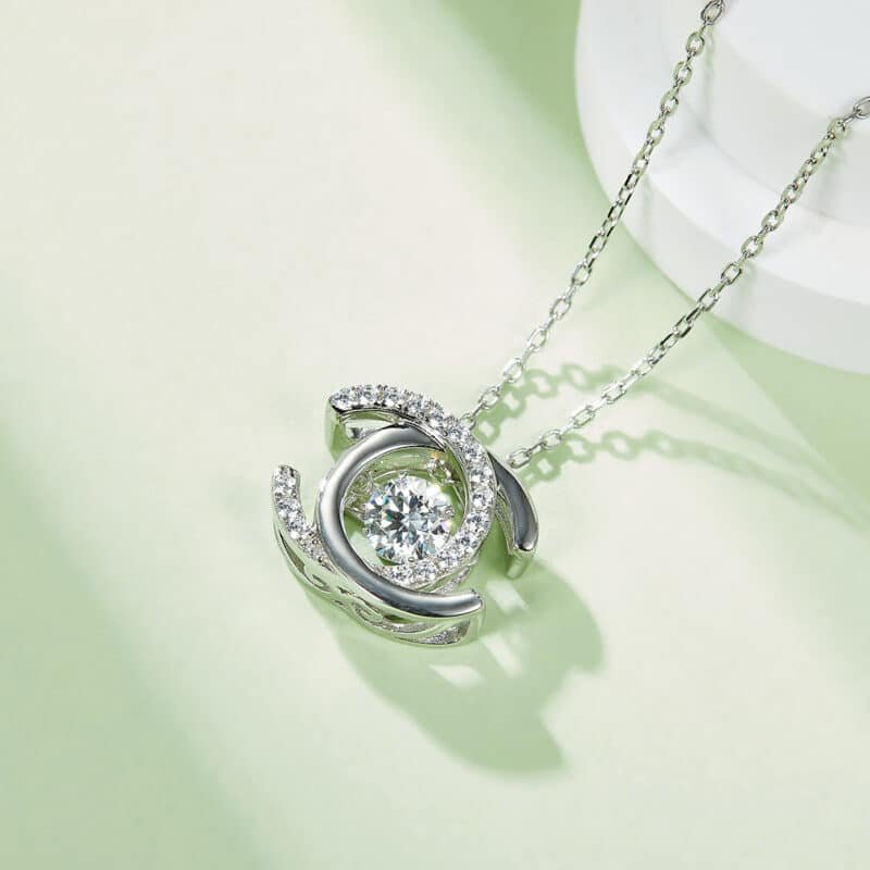 sterling silver double c shape white gold plated dancing moissanite pendant necklace oldp925w-00 05