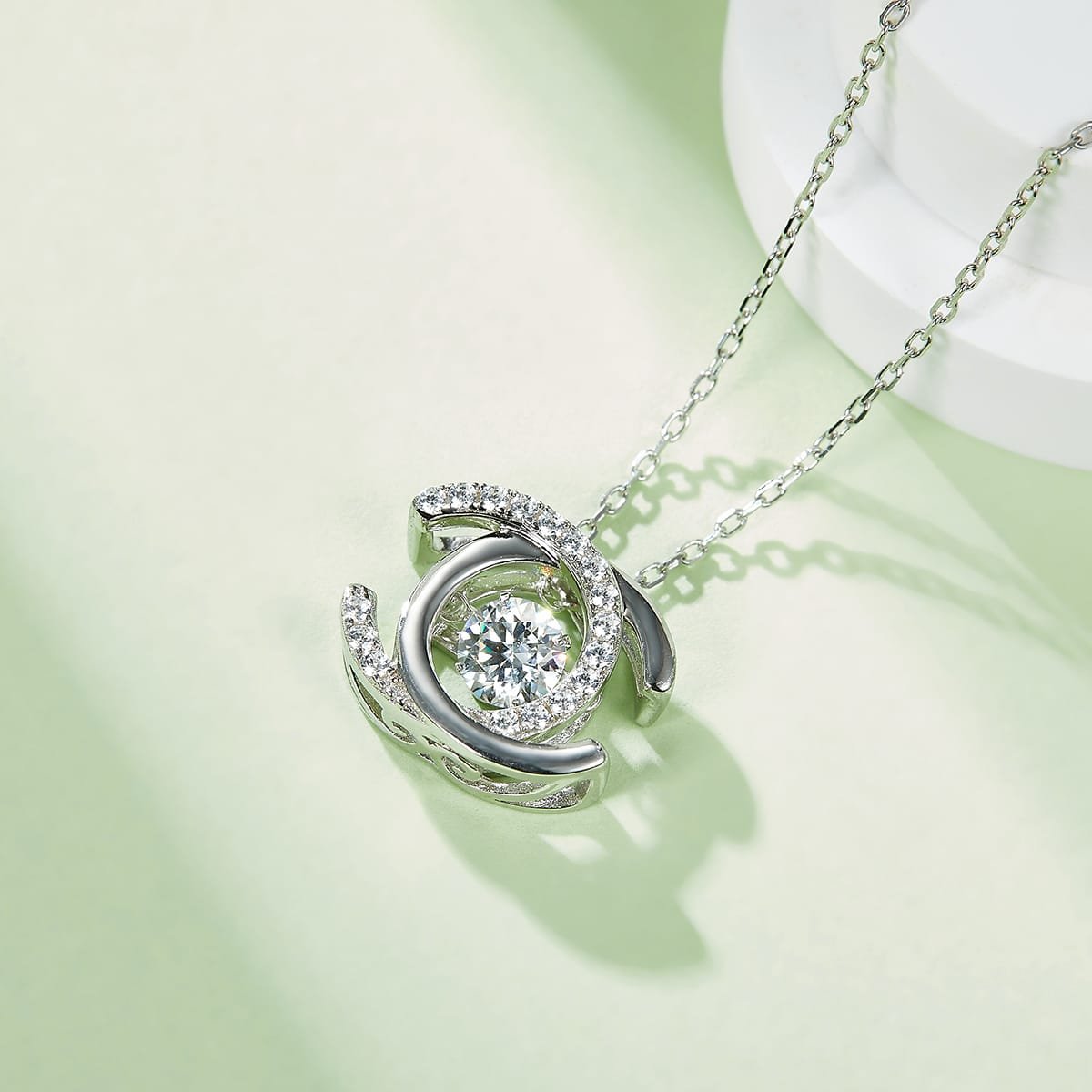 Sterling Silber Doppel C Form weiß vergoldet tanzenden Moissanit Anhänger Halskette oldp925w-00 05