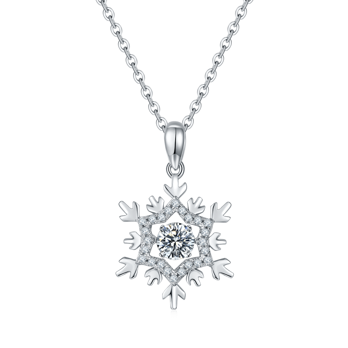 Collana con ciondolo in moissanite danzante placcato oro bianco a forma di fiocco di neve in argento sterling Oldj925W-00 01 collana con ciondolo in moissanite danzante a forma di fiocco di neve oldj 01