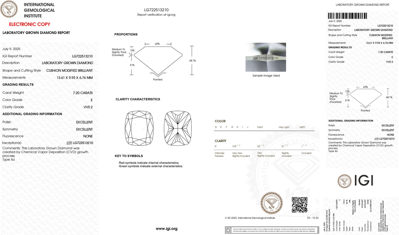 Lg722513210 antique cushion cut lab grown diamond igi report