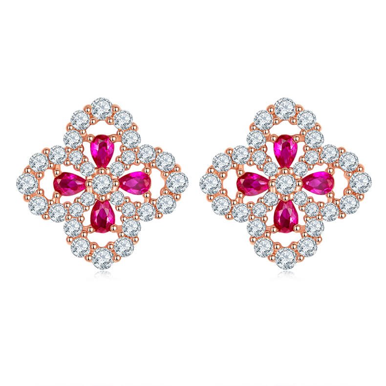 Flower shape lab grown ruby earrings stud ZH34O E 01