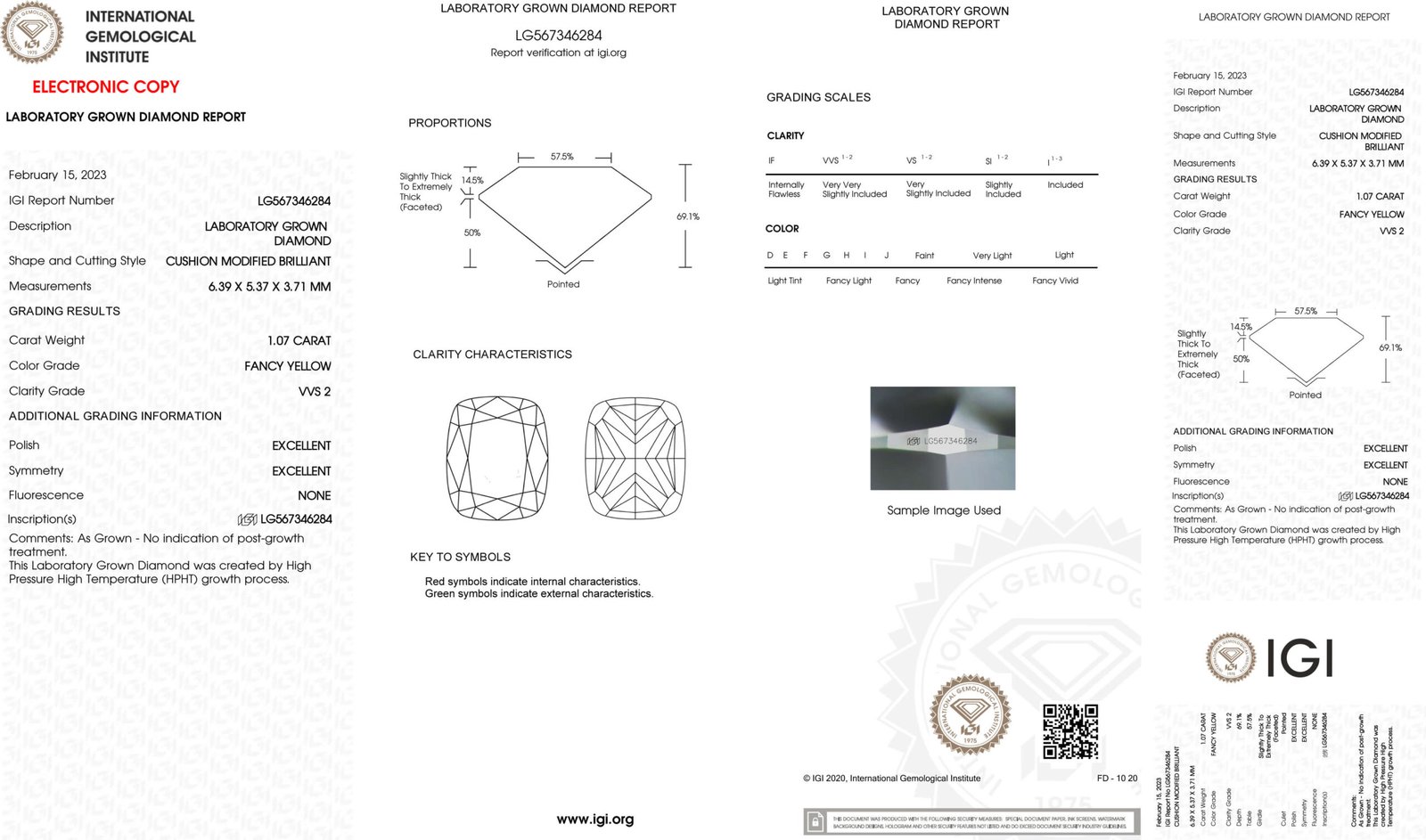 1,07 ct kussenslijp fancy gele laboratoriumdiamant