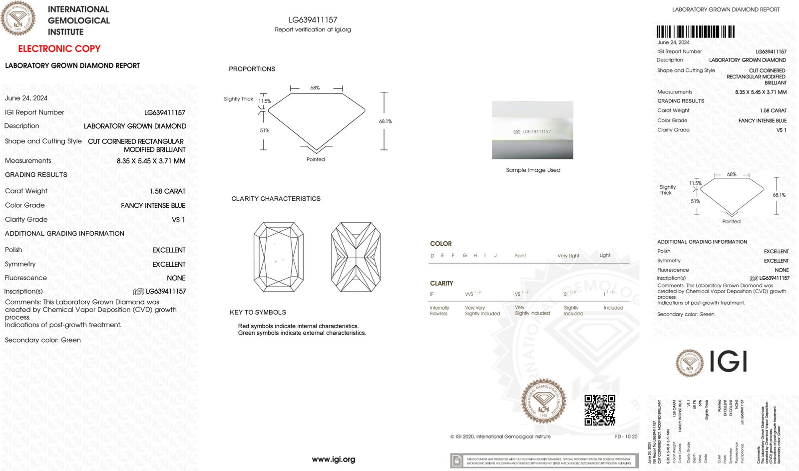 1,58 ct stralend geslepen, intens blauwe, in het laboratorium gekweekte diamant
