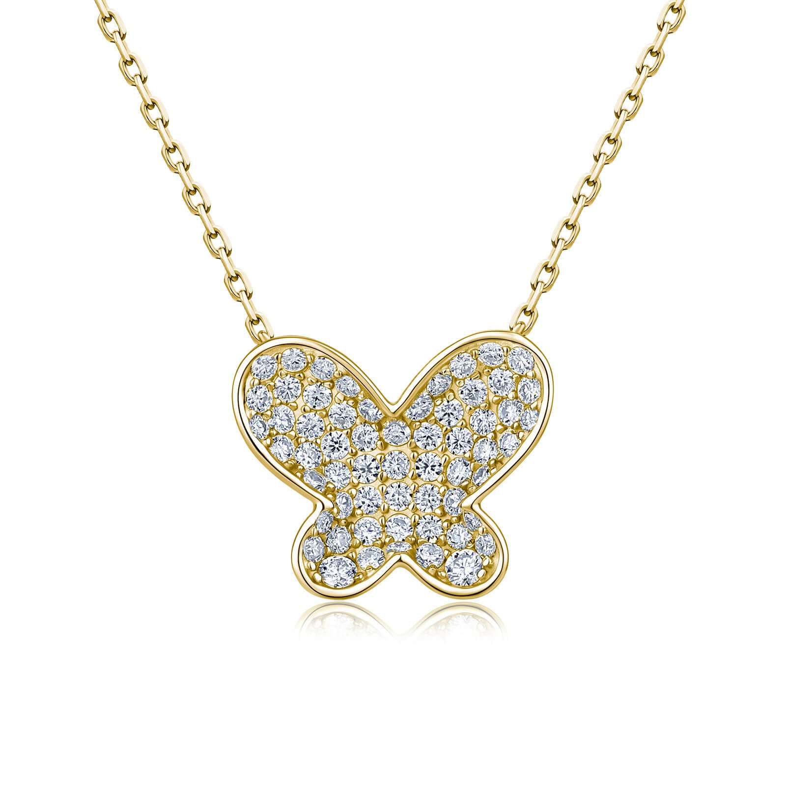 Colar em ouro 18K com pingente redondo em formato de borboleta e cravejado com moissanita.