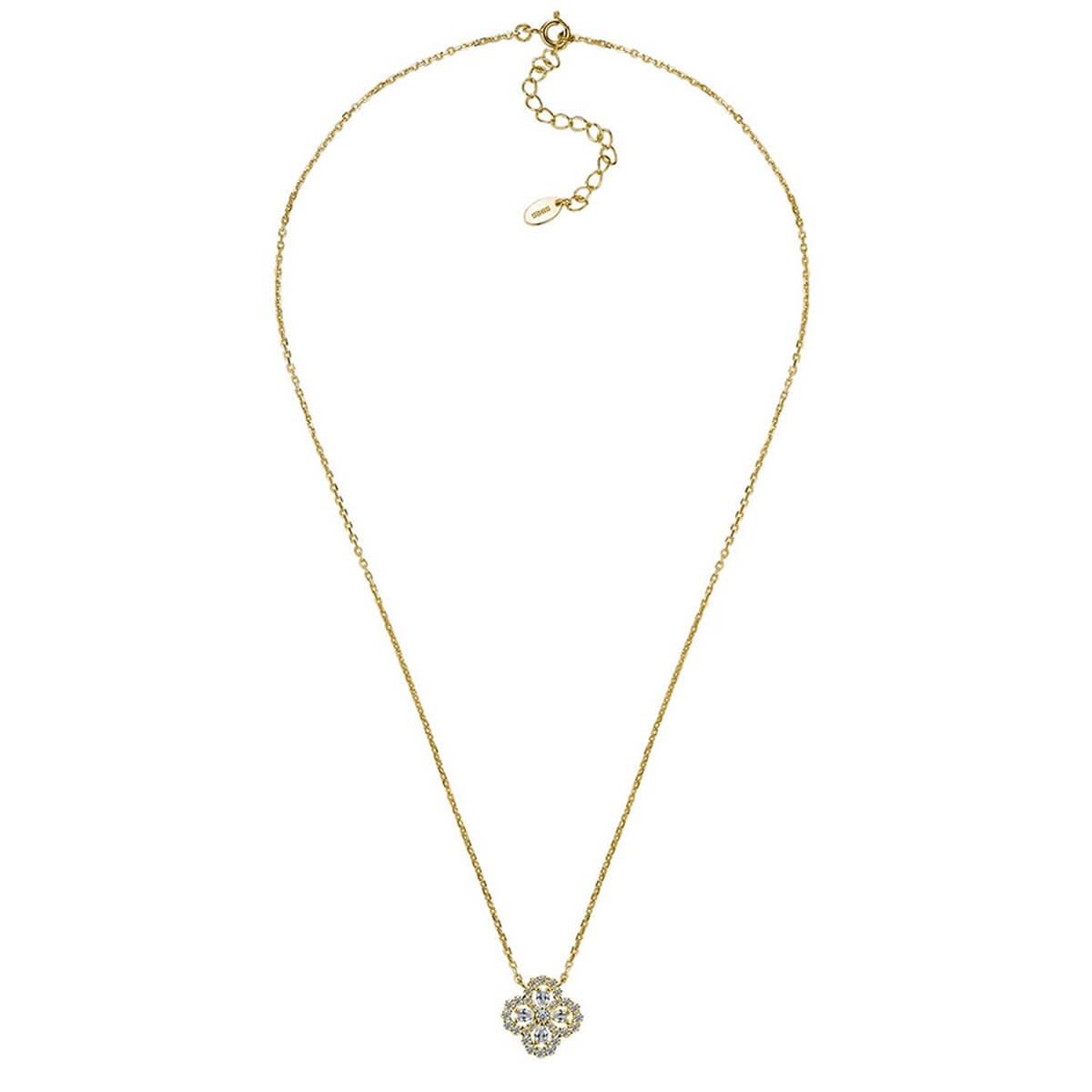 Collana rotonda in oro 18 carati con moissanite e quadrifoglio.