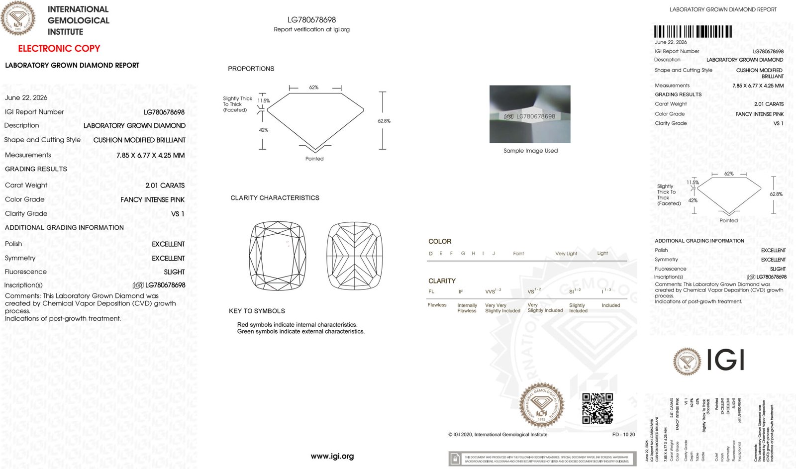 Diamante de laboratório rosa intenso de 2,01 ct com lapidação almofada Diamante de laboratório rosa intenso de 2,01 ct com lapidação almofada