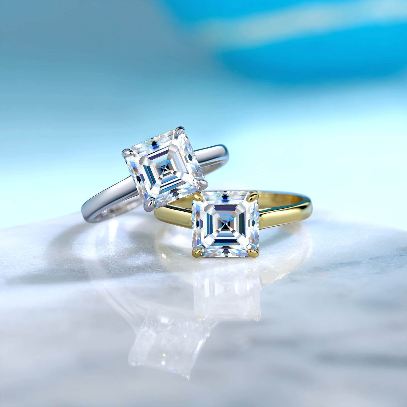 Bague de fiançailles en moissanite taille Asscher à 4 griffes