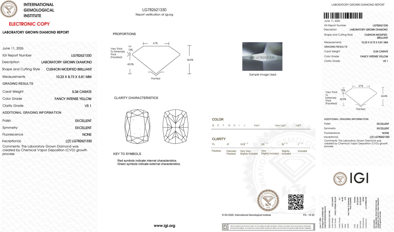 5,04 ct kussenslijpsel, fancy intens gele laboratoriumdiamant