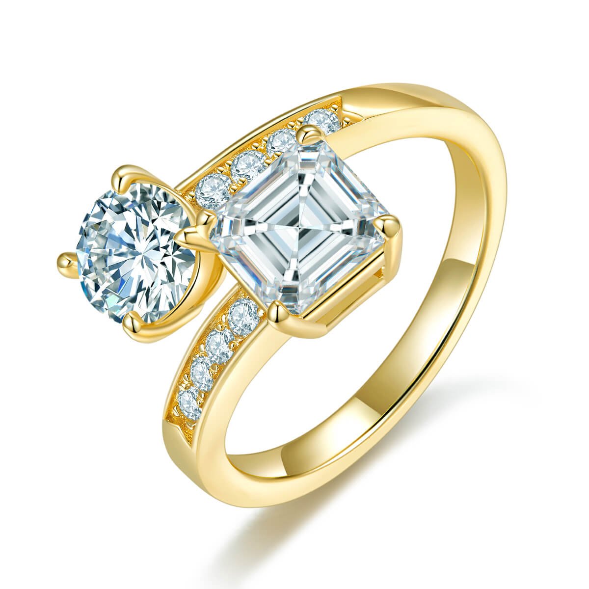 Bague de fiançailles Asscher et deux pierres rondes en moissanite Bague de fiançailles Asscher et deux pierres rondes en moissanite