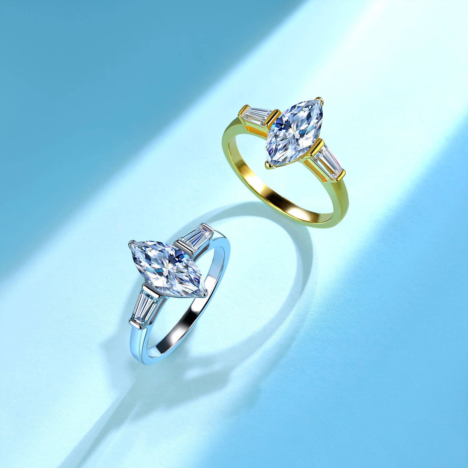 Anel de noivado com três pedras de moissanita lapidada em marquise Anel de noivado com três pedras de moissanita lapidada em marquise