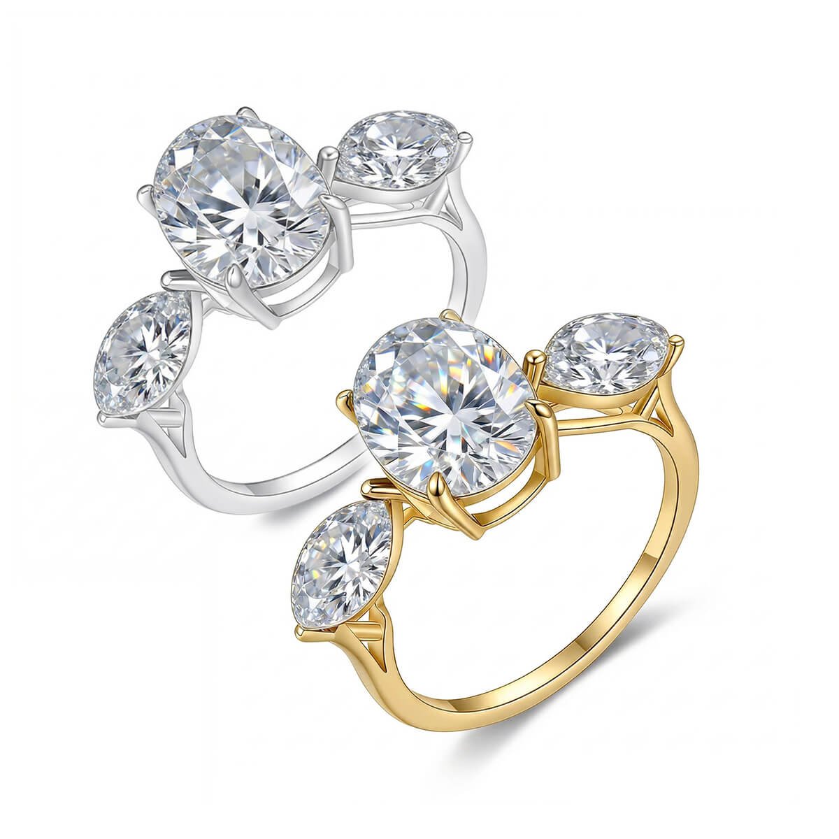 Nhẫn đính hôn ba viên đá Moissanite cắt hình bầu dục