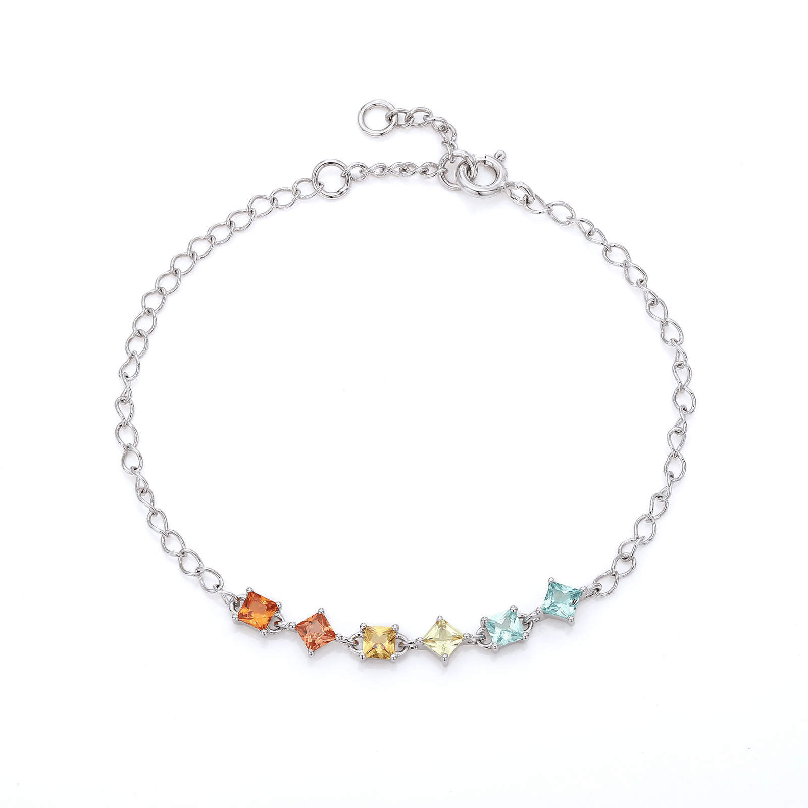 Bracciale con sei pietre preziose create in laboratorio, taglio princess. Bracciale con sei pietre preziose create in laboratorio, taglio princess.