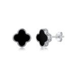 Round black onyx clover Moissanite earrings stud 1 Runde Ohrstecker aus schwarzem Onyx und Moissanit mit Kleeblatt-Moissanit-Verzierung
