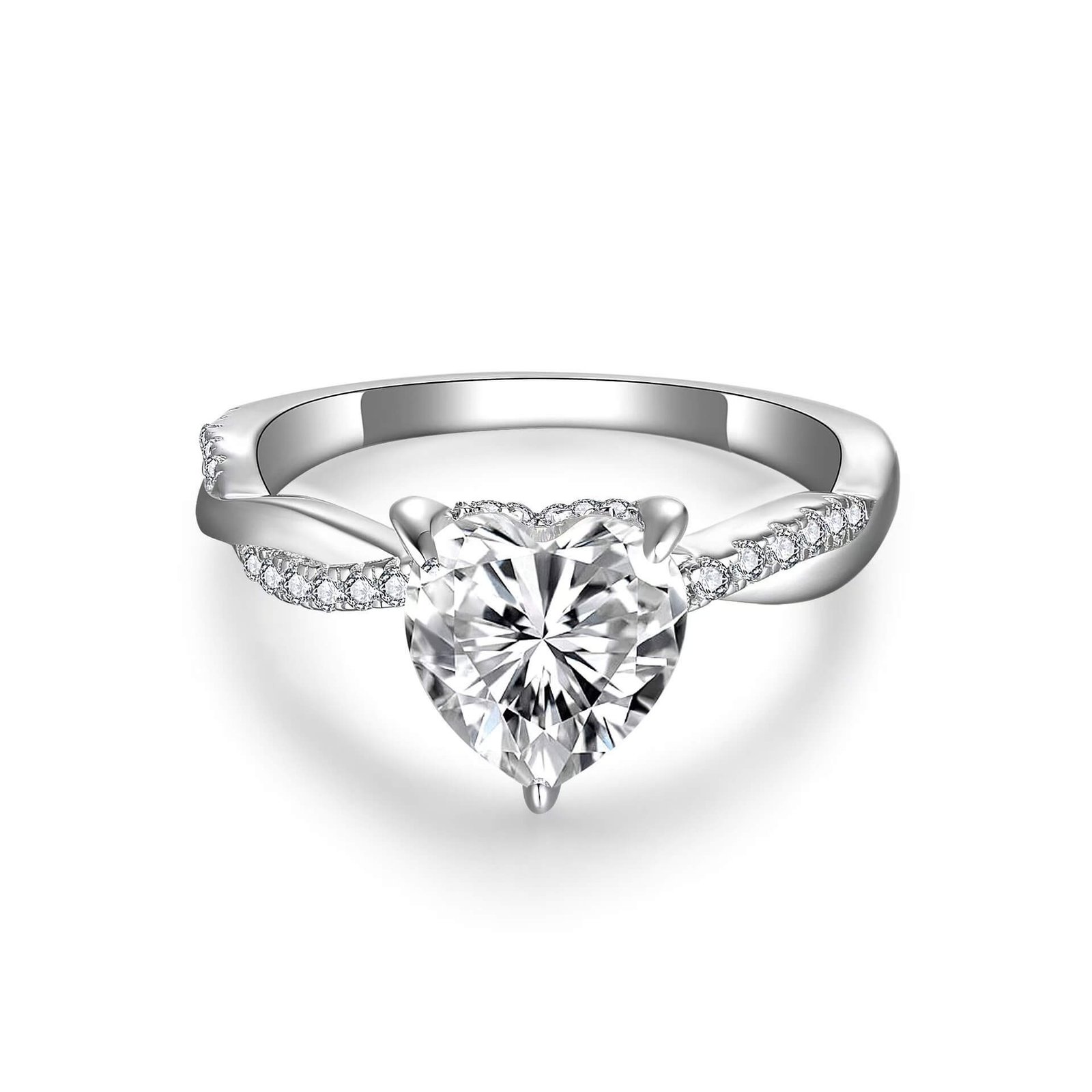 Обручальное кольцо с муассанитом в форме сердца и узором в виде виноградной лозы.