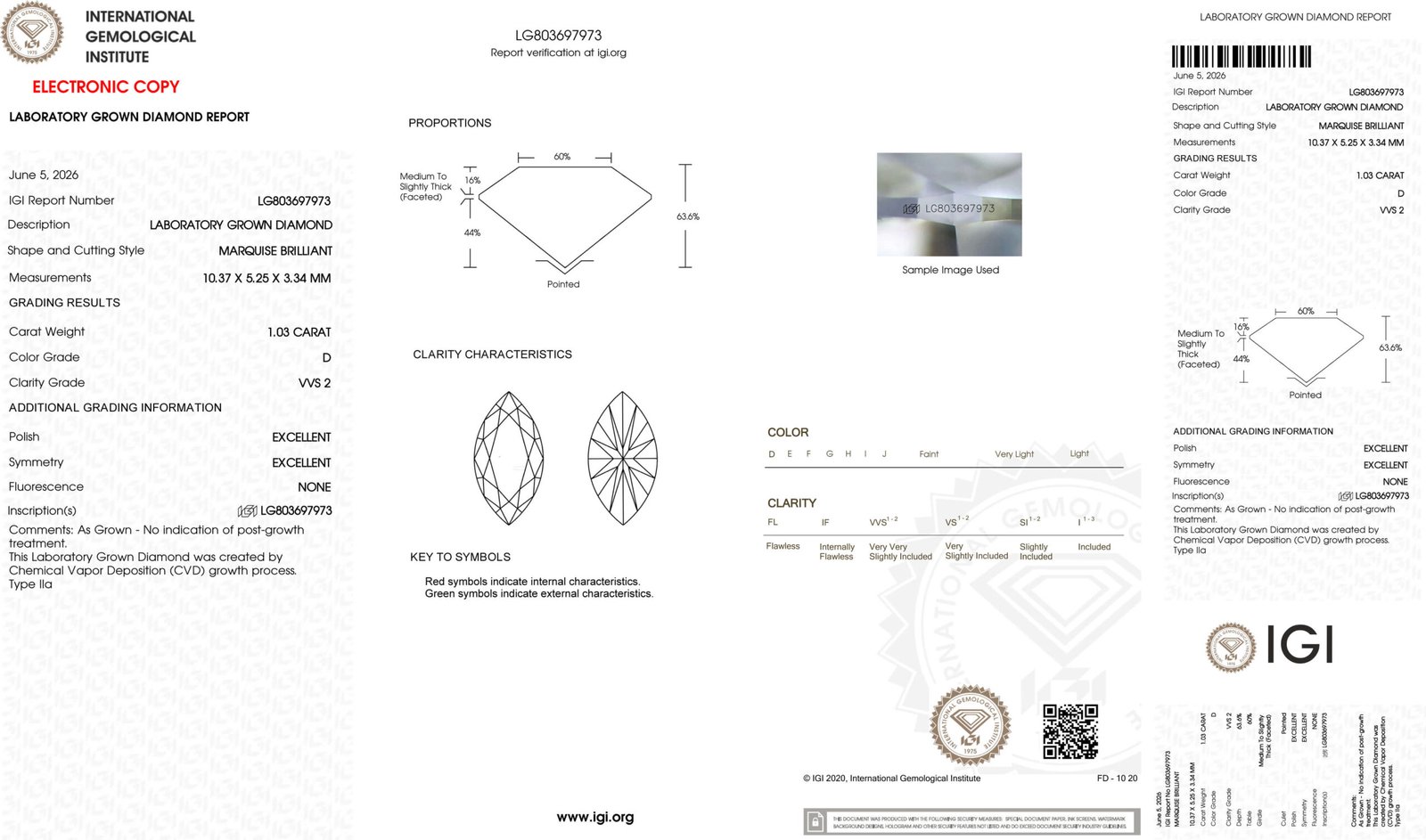 Diamante sintetico taglio marquise da 1,03 ct, colore D, purezza VVS2. Diamante sintetico taglio marquise da 1,03 ct, colore D, purezza VVS2.