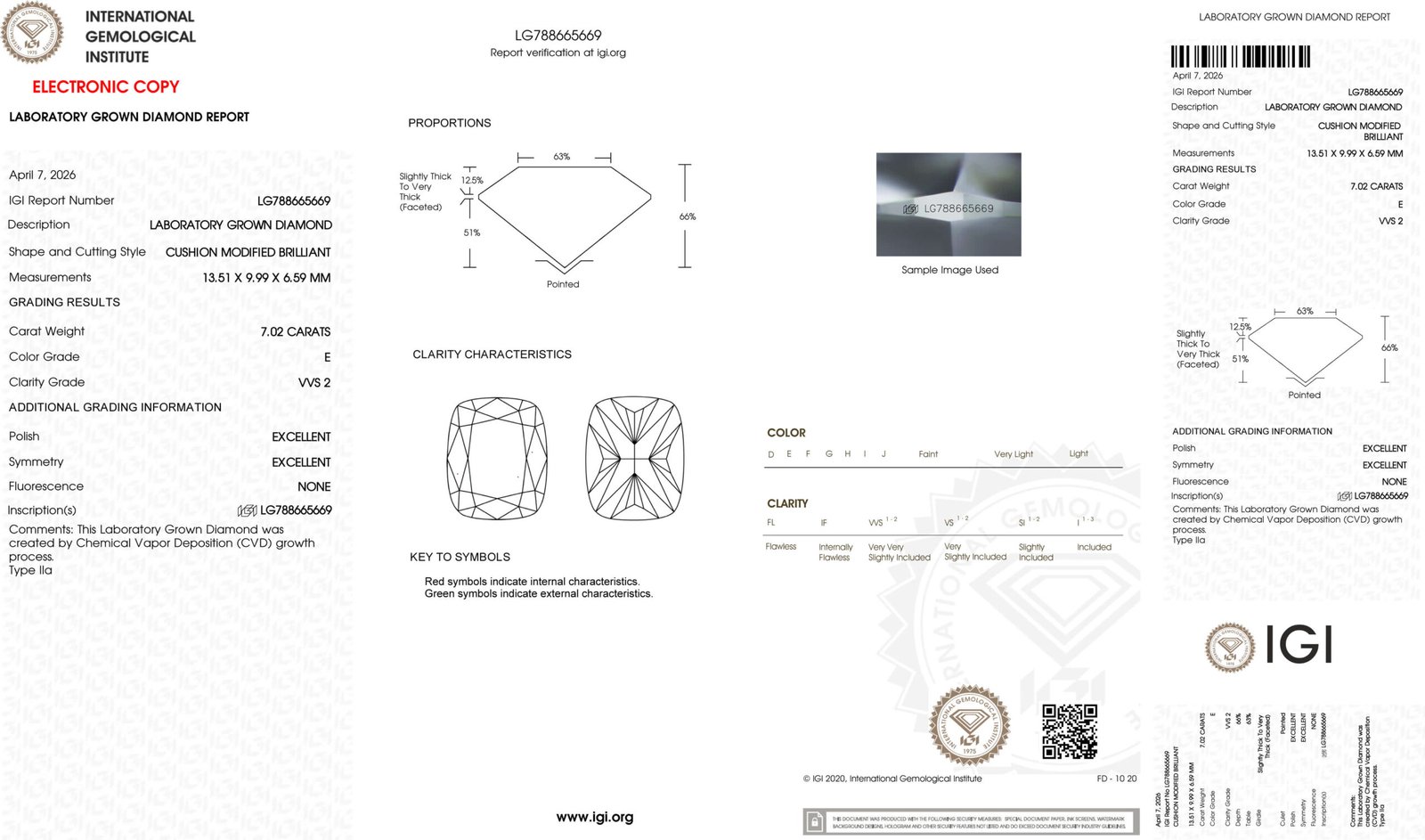 Diamante sintetico taglio cuscino da 7,02 ct, colore E, purezza VVS2.