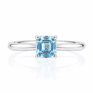 anel de noivado com diamante azul cultivado em laboratório com lapidação Asscher