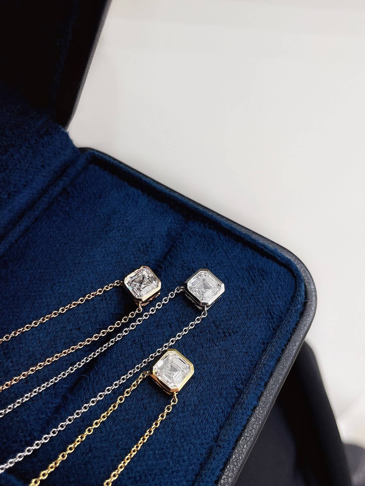 Bezel setting asscher cut lab grown diamond pendant necklace