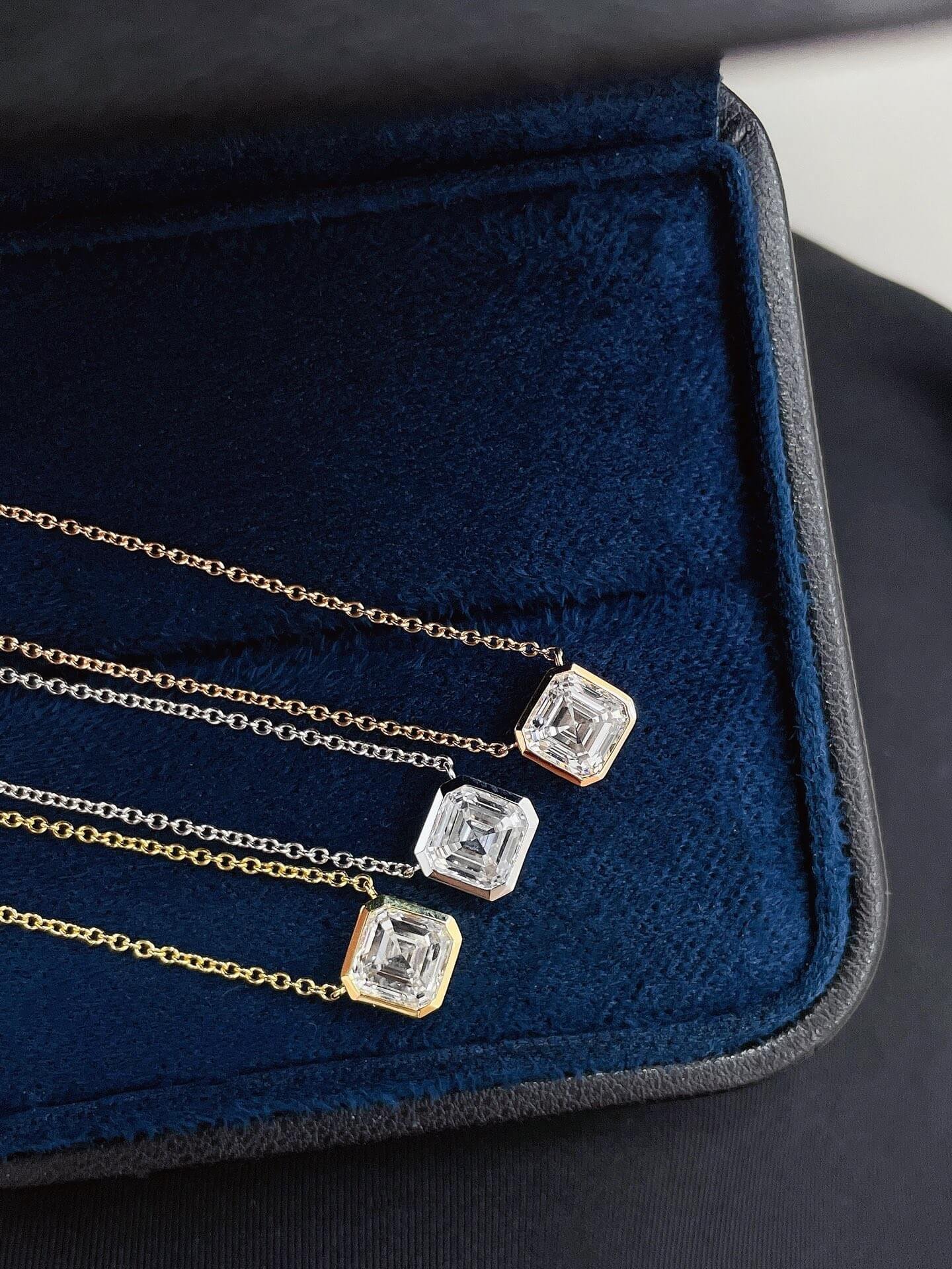 Bezel setting asscher cut lab grown diamond pendant necklace