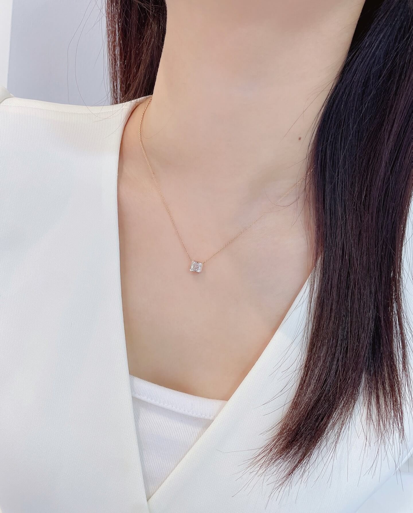 Bezel setting asscher cut lab grown diamond pendant necklace