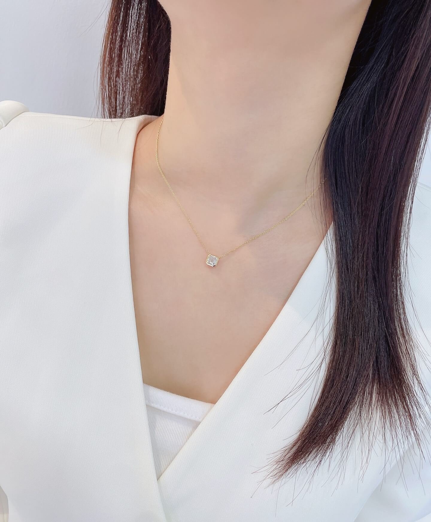 Bezel setting asscher cut lab grown diamond pendant necklace