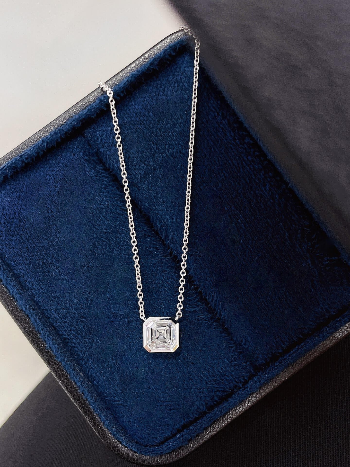 Bezel setting asscher cut lab grown diamond pendant necklace