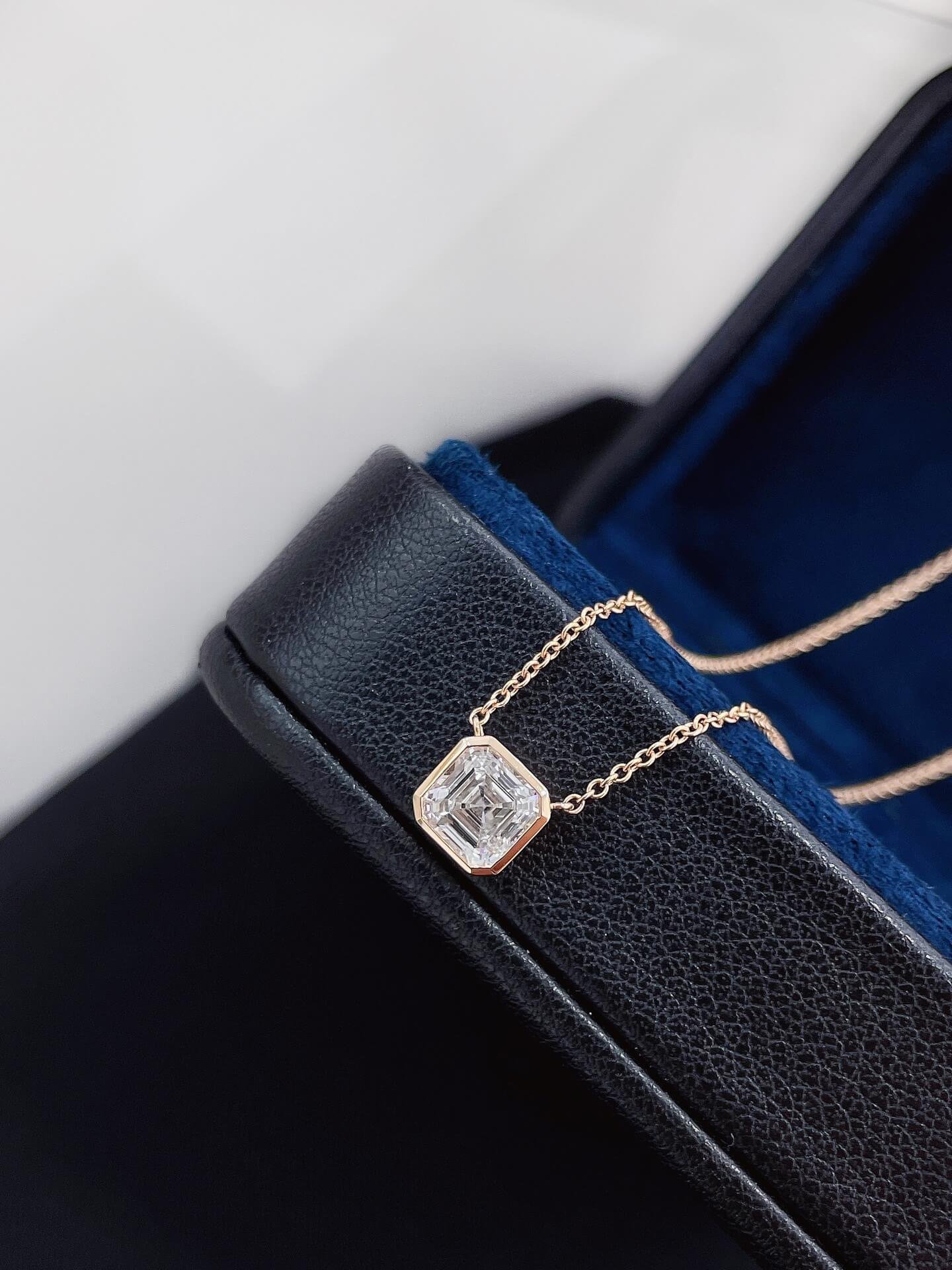 Bezel setting asscher cut lab grown diamond pendant necklace